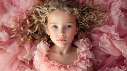 Fototapeta premium Top View of a Little Cute Girl with Blond Curly Hair in a Fluffy Pink Dress