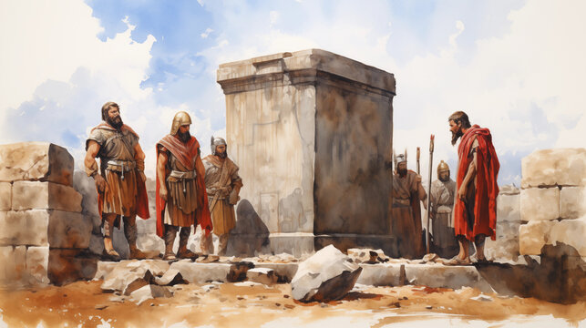 The sealed tomb with Roman guards standing watch. , watercolor style, white background