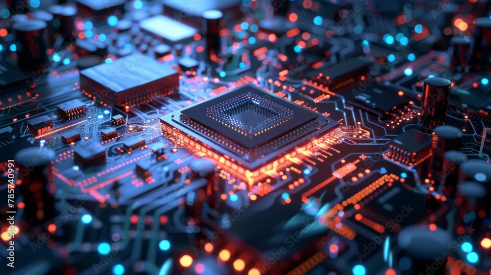 Poster Close-Up View of Circuit Board and Microprocessor at Night