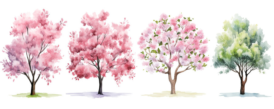 Tree set in spring colors isolated on white, tree collection, spring blossom, watercolor illustration generative ai