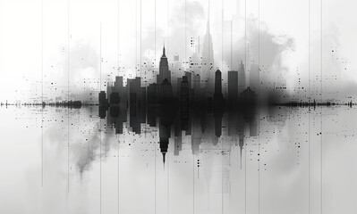 Illustration einer Skyline mit Spiegelung, Silhouette in Schwarz-Weiß Aquarell, abstrakte Zeichnung - obrazy, fototapety, plakaty
