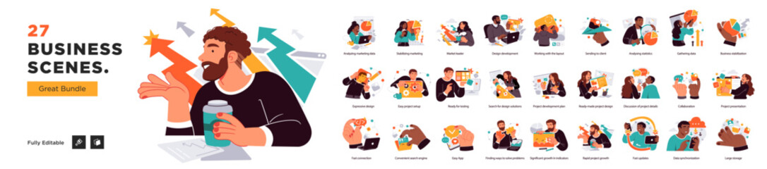 Business Concept illustrations. Mega set. Collection of scenes with men and women taking part in business activities. Vector illustration - 785741111