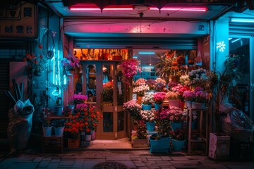 Naklejka premium night street. old city center. beautiful flower shop. brown pink and grey neon lights