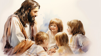 Jesus and the children, emphasizing letting the little ones come to him. , watercolor style, white background