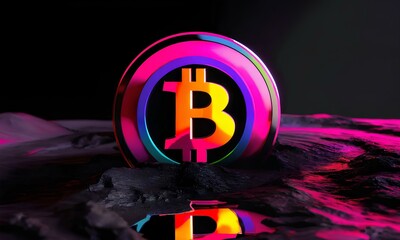 Bitcoin logo found on the moon, rainbow shades