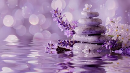 Peaceful and serene image of a stack of purple stones surrounded by lilac flowers and petals, reflected in the water creating a sense of balance and calm