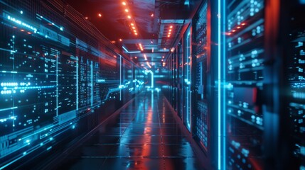 Obraz premium Futuristic Data Center Hallway With Glowing Lights
