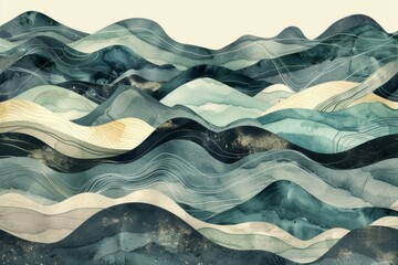 A painting of a mountain range with a blue ocean in the background