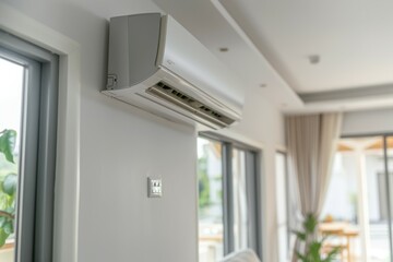 A white air conditioner is mounted on the wall. Summer heat concept