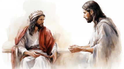Fototapeta na wymiar Jesus discussing the truth with Pilate. , watercolor style, white background
