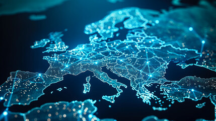 A blue and red map of Europe with many dots