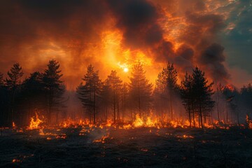 A forest fire is burning in the woods