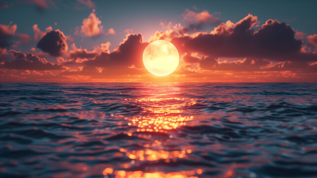 A beautiful sunset over the ocean with a large sun in the sky
