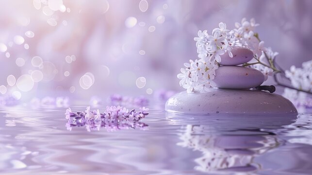 Peaceful and serene spa setting featuring stacked stones, lilac flowers, and a calming purple water background with light reflections