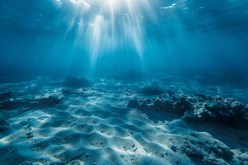 Fototapeta na wymiar Underwater scene with sunbeams on ocean floor