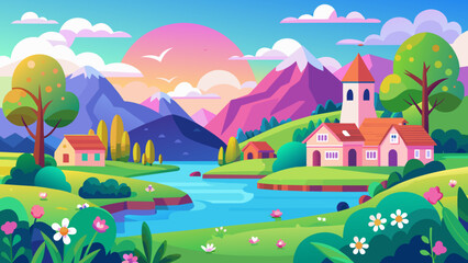 spring village with green field vector illustration