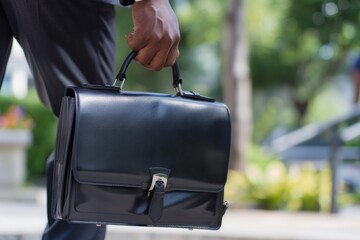 A man is walking down the street with a black briefcase. Business concept