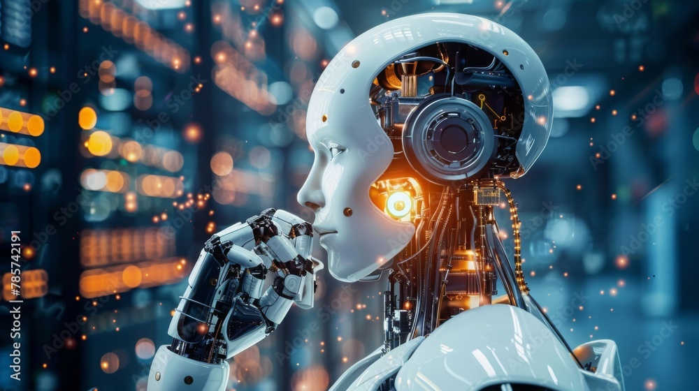 Aufkleber futuristic robot with human features in a data center