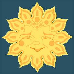 Laughing sun with red cheeks in Slavic style. Vector image. Vector illustration