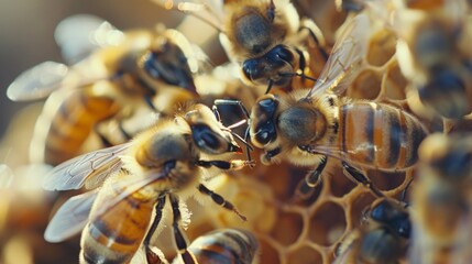 the queen (apis mellifera) marked with dot and bee workers around her - life of bee colony - obrazy, fototapety, plakaty