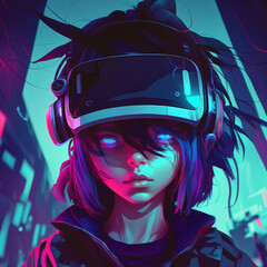 Emo virtual reality gamer girl with glowing eyes - obrazy, fototapety, plakaty