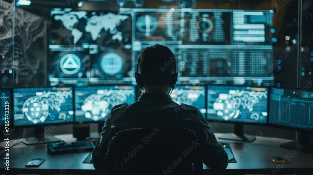 Poster cybersecurity professional monitoring network activity at night