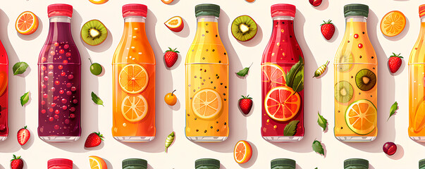  a collection of colorful bottles of juice with fruits and berries