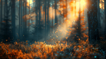 A forest scene with a bright orange sun shining through the trees