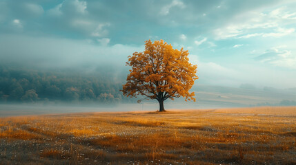 A tree stands alone in a field of tall grass - obrazy, fototapety, plakaty