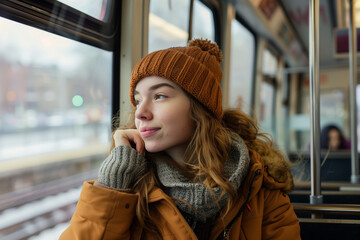 Content woman looking out of train window