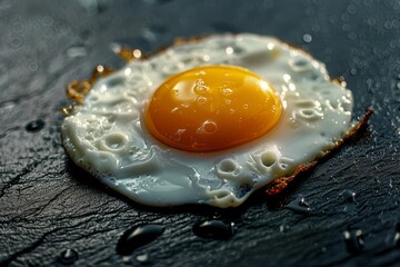 Fried chicken egg on a black textured stone surface. Backdrop with selective focus and copy space