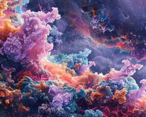 A vibrant digital artwork depicting a cosmic coral reef floating in a nebula space. The colorful corals ethereal glow create a surreal and captivating seascape, perfect for fantasy, underwater,space