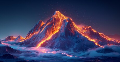 A mountain with a volcano on top and a lava flow