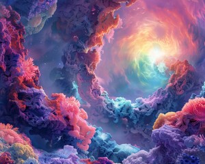 A vibrant digital artwork depicting a cosmic coral reef floating in a nebula space. The colorful corals ethereal glow create a surreal and captivating seascape, perfect for fantasy, underwater,space