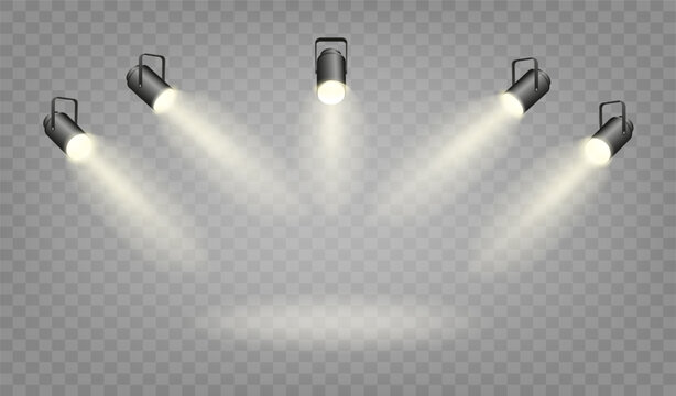 Spotlights set, stage and studio light, realistic hanging lamps. Spot lights and searchlights for concert. Vector