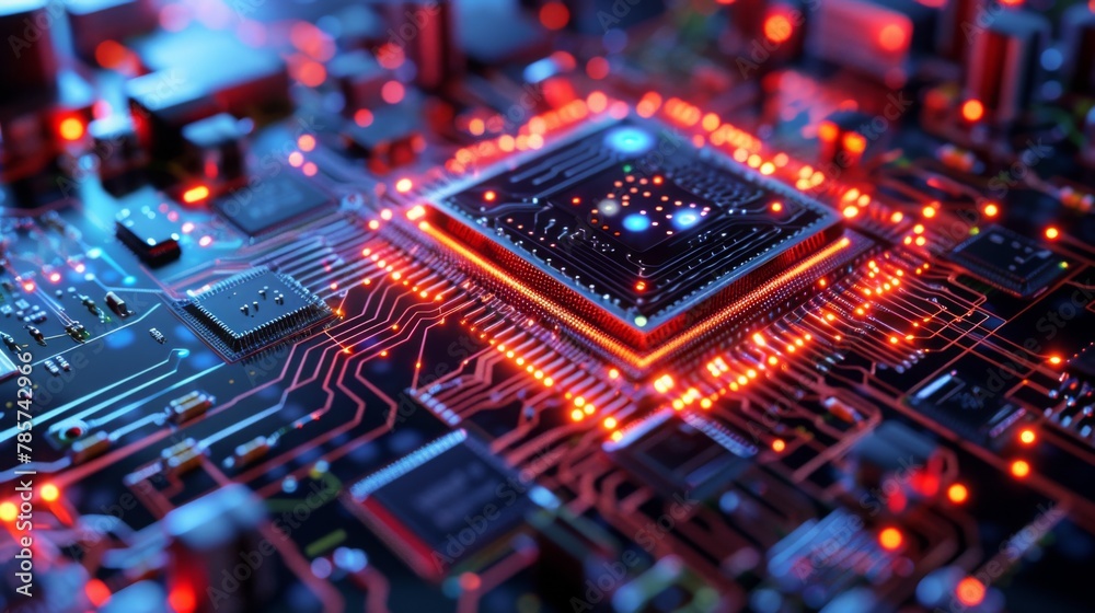 Poster close-up of an illuminated circuit board at night