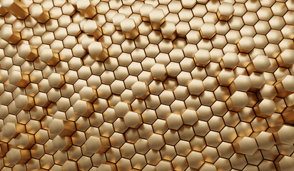Abstract Golden hexagon array background 3d rendering	
