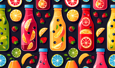  a collection of colorful bottles of juice with fruits and berries