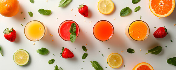 Fruit smoothies in glasses and ingredients on white background, top view