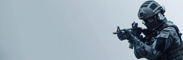 SWAT team member web banner. SWAT team member isolated on grey background with tactical gear. - obrazy, fototapety, plakaty