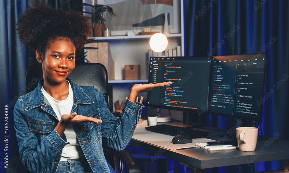 Poster young african wearing jeans shirt, it developer presenting program on computer screens displaying co