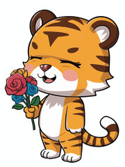 Cute standing lovely tiger with closed eyes  flowers vector customized design