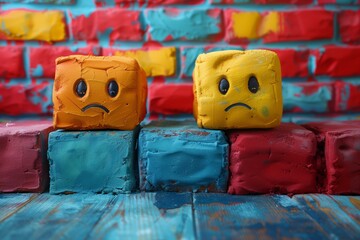 Three cubes with sad and neutral faces on color wall