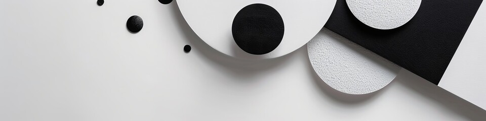 A modern black and white background featuring elegant round shapes and scattered dots, presenting a sleek and minimalist design concept ideal for contemporary projects.