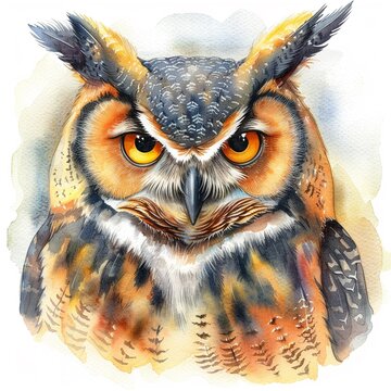 A regal owl turns its head, its piercing eyes and textured feathers enhanced by the void , watercolor illustration, isolated on white background,
