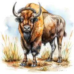 A stoic bison stands, its bulky frame imposing in the stark emptiness , watercolor illustration, isolated on white background, - obrazy, fototapety, plakaty