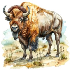 Watercolor A stoic bison stands, its bulky frame imposing in the stark emptiness , watercolor illustration, isolated on white background,