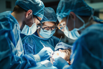 Dental surgery. A team of dental specialists carrying out a surgery procedure in a clinic setting.