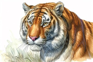 Watercolor A tigers fierce gaze pierces through the emptiness, its striking features bold and unbounded , watercolor illustration, isolated on white background,