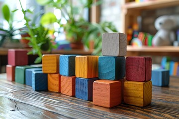 A vibrant and playful arrangement of colorful wooden blocks stacked in a light-filled room...